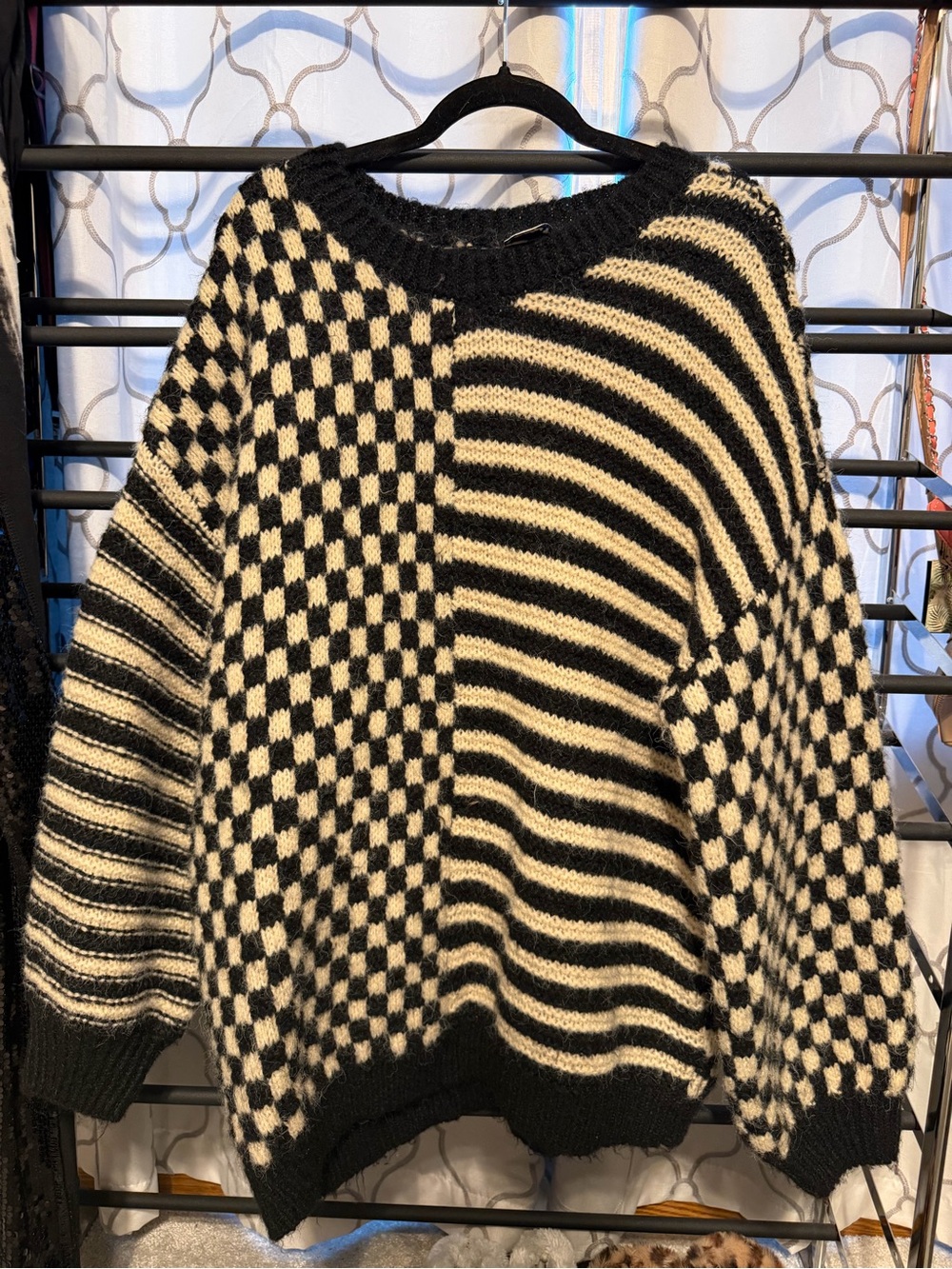 ARULA Black and Cream Checkerboard Striped Knit Sweater - Picture 1 of 4
